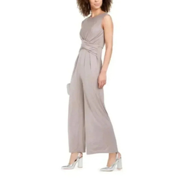 Eliza J Twist Front Boat Neck Jumpsuit Taupe Glittery 4 - Picture 1 of 16